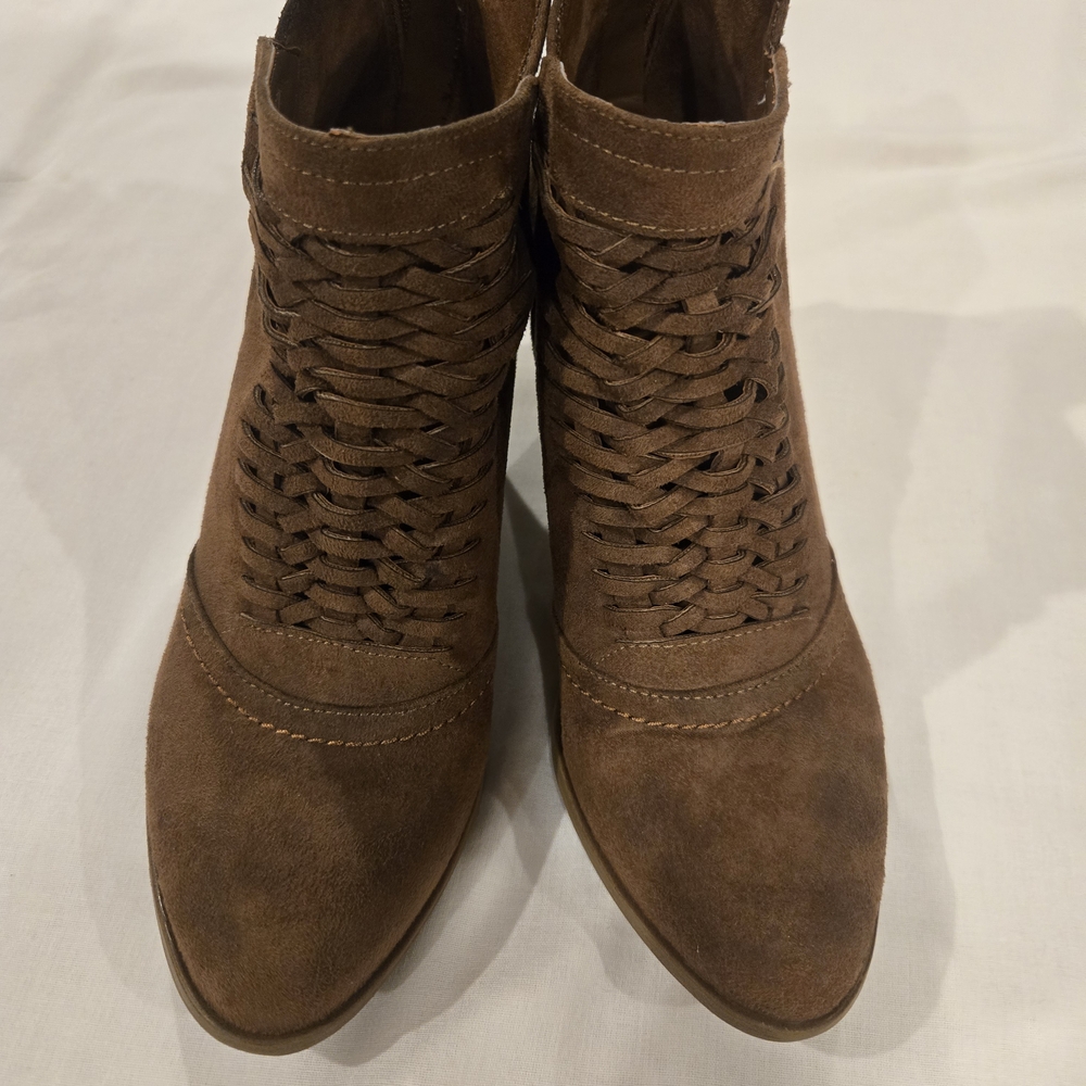 Fergalicious Brown Suede Ankle Booties with Woven Design